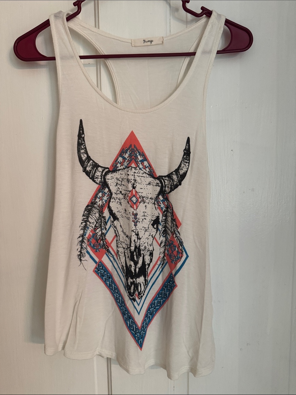 Fringe Studio White Tank Top with Skull & Geometric Print in Pink and Blue